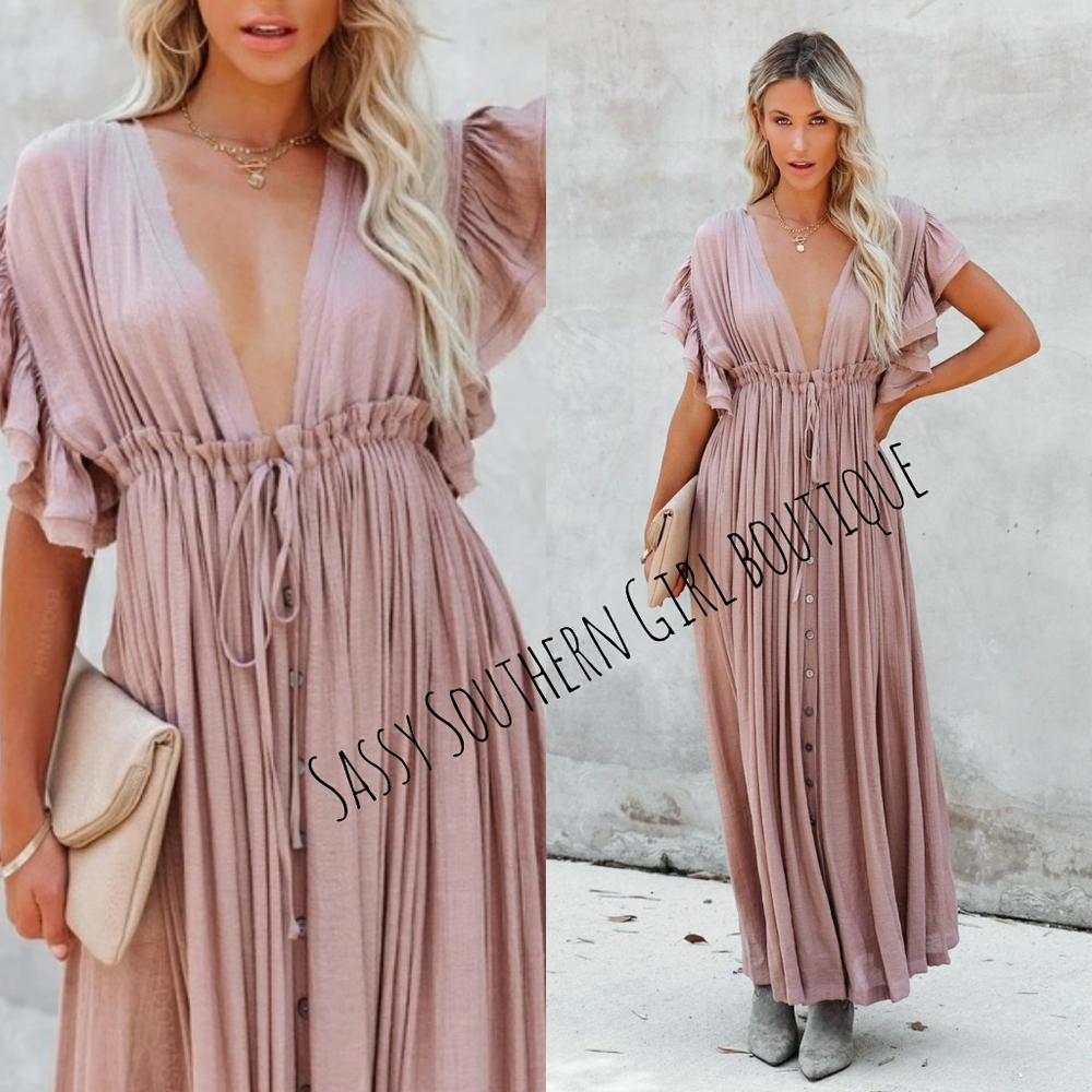 🆕⭐ Boho Blush Mauve pink flowy button down maxi dress - Picture 3 of 14